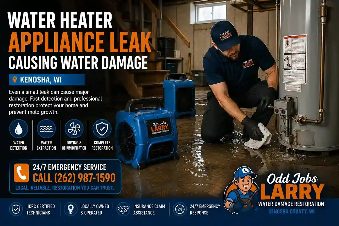 Water heater appliance leak causing water damage in a Kenosha Wisconsin home