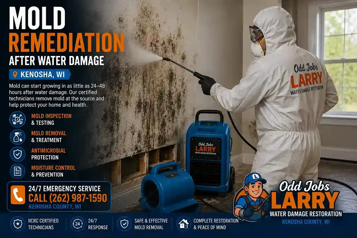 Mold remediation technician treating a wall after water damage in Kenosha Wisconsin