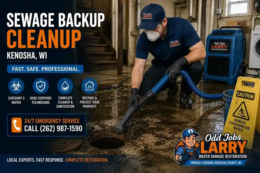 Technician performing sewage backup cleanup in Kenosha Wisconsin