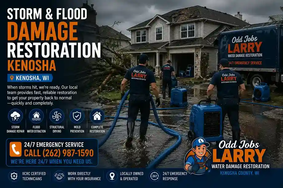Storm and flood damage restoration crew working at a flooded property in Kenosha Wisconsin