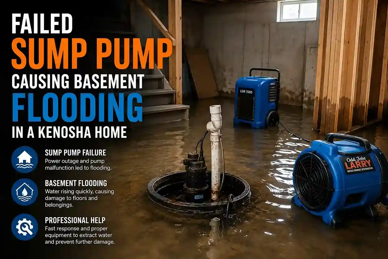 Failed sump pump causing basement flooding in a Kenosha Wisconsin home
