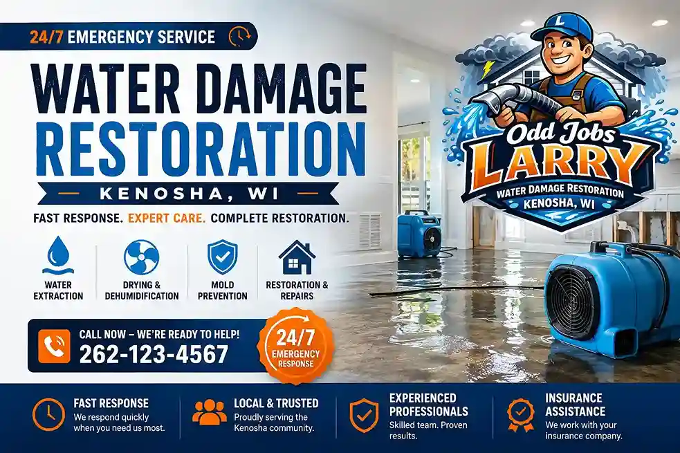 Restoration technician operating drying equipment in a flooded Kenosha, WI basement