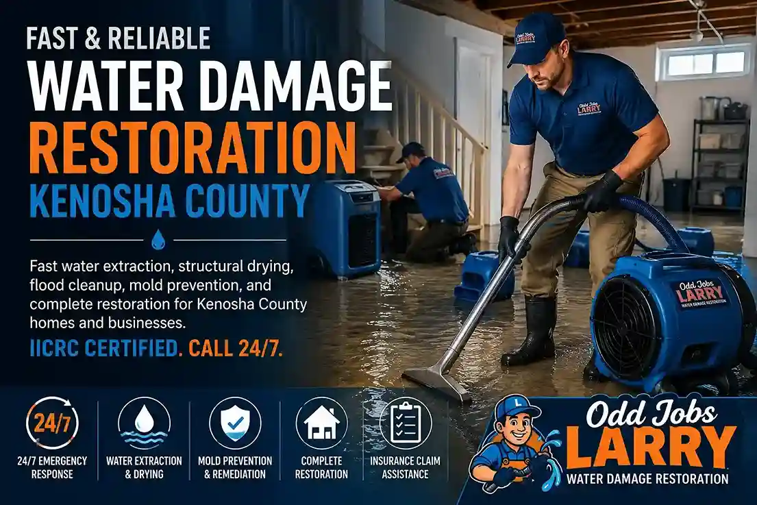 Technicians extracting standing water and running air movers in a flooded Kenosha, WI basement