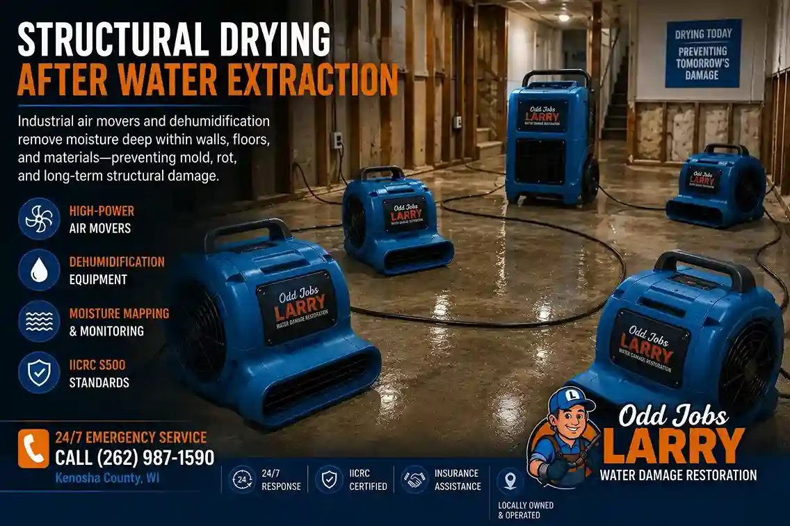 Industrial air movers performing structural drying after water extraction in Kenosha Wisconsin